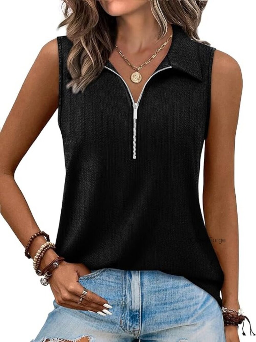 V Neck Ribbed Tank Top with Zipper Loose Fit Sleeveless